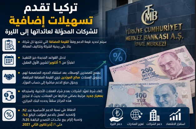 البنك المركزي التركي يعلن تسهيلات جديدة لدعم الشركات المحوّلة لعائداتها إلى الليرة